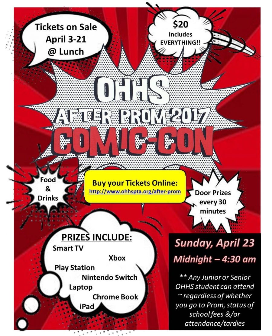 After Prom flyer with ticket information, price and contact details